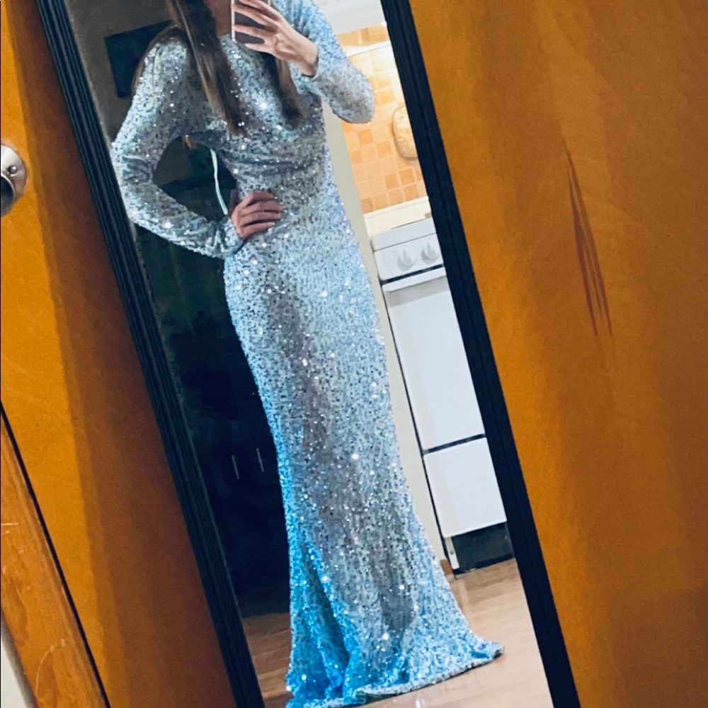 Light blue open back formal dress